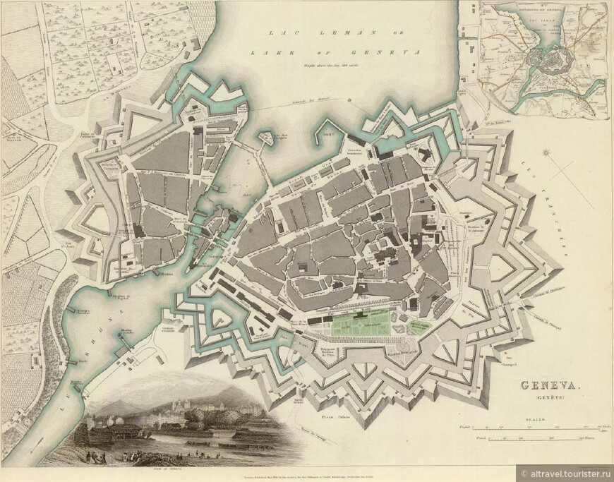 Два берега Женевы. План 1841 года, когда городские стены ещё не были разобраны (Википедия).