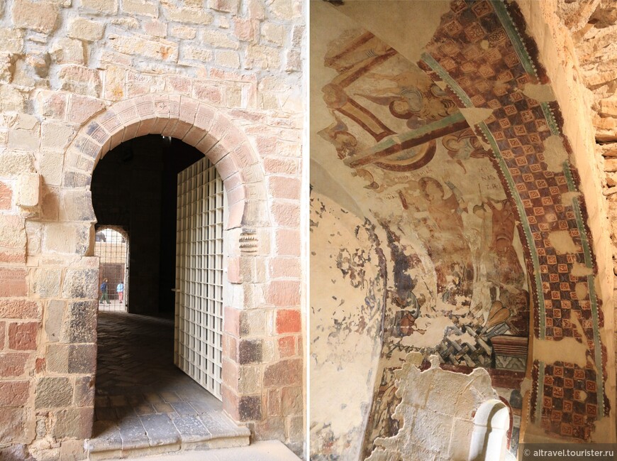 Ещё два интересных объекта в монастыре: слева - мосарабский (подковообразный) портал и справа - остатки романских росписей.