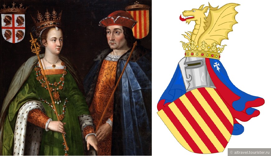 Слева: основатели Арагонской короны: Петронила, королева Арагона, и Рамон Беренгер IV, граф Барселонский.
Справа: герб Арагонской короны в середтне 14-го века.