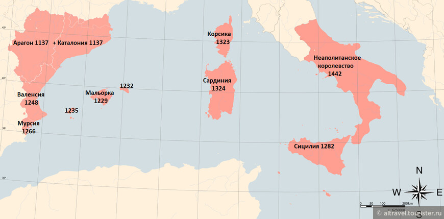 Арагонская корона в середине 15-го века. Цифры на карте обозначают год присоединения соответствующей территории.