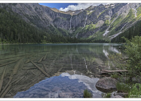 Старые поваленные бревна на дне, оставшиеся после схода лавин в Avalanche Lake.