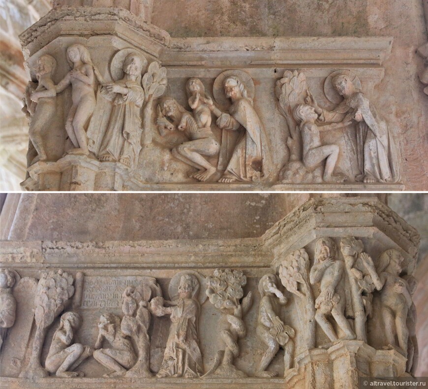 Библейская история про Адама и Еву на одной из угловых колонн клуатра.