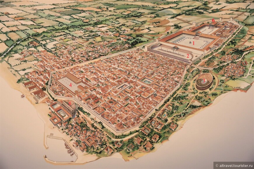 План римского Таррако во 2-м веке: 1 - провинциальный форум; 2 - цирк (ипподром); 3 - амфитеатр; 4 - городской форум; 5 - театр (не сохранился); 6 - храм Юпитера (теперь здесь собор).