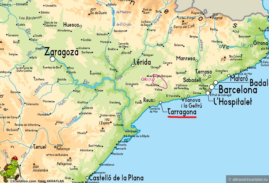 Расположение Таррагоны на карте Испании: на берегу Средиземного моря чуть южнее Барселоны.