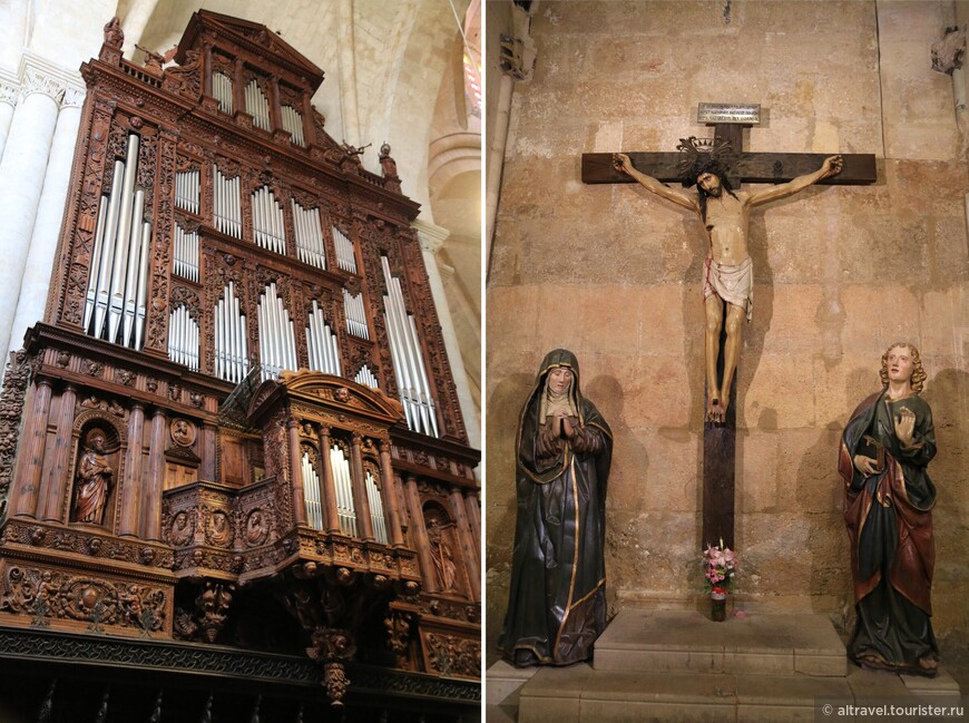 Слева: орган собора, датируется 16-м веком и украшен изысканой резьбой по дереву.
Справа: распятие с Богоматерью и Св. Иоанном.
