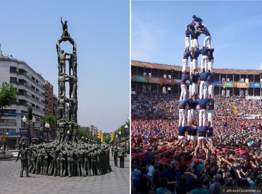 Памятник Castellers на Rambla Nova (слева) и настоящий «живой замок» (справа). Фото из интернета.