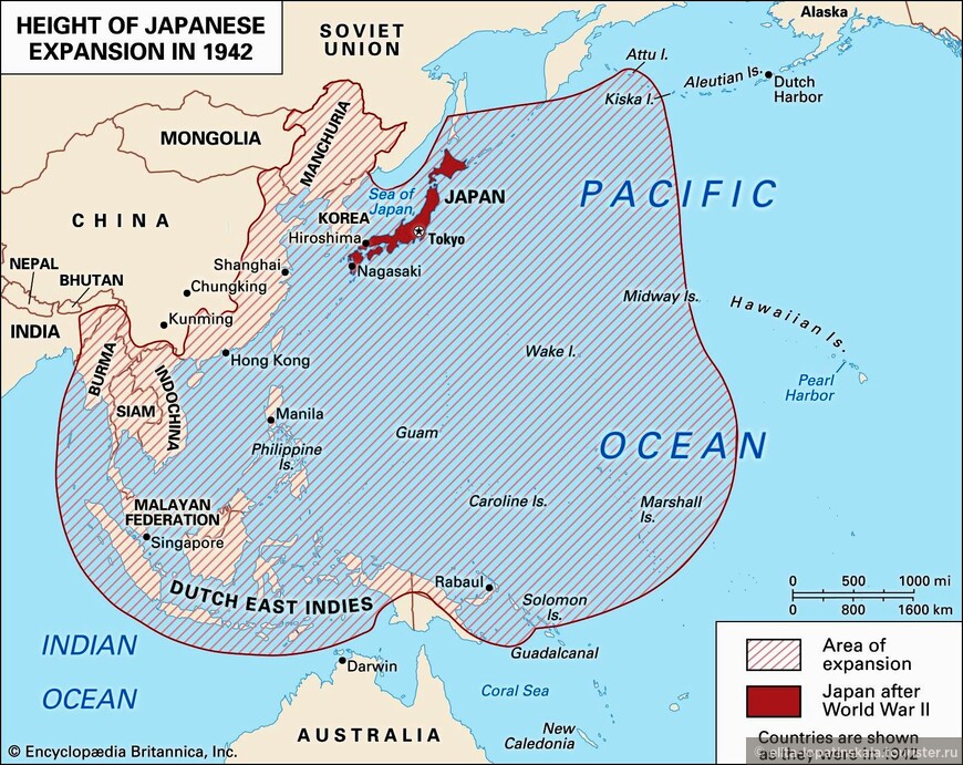 Японская империя в 1942 году (заштрихованная область) и после окончания 2-ой Мировой войны (показана красным)