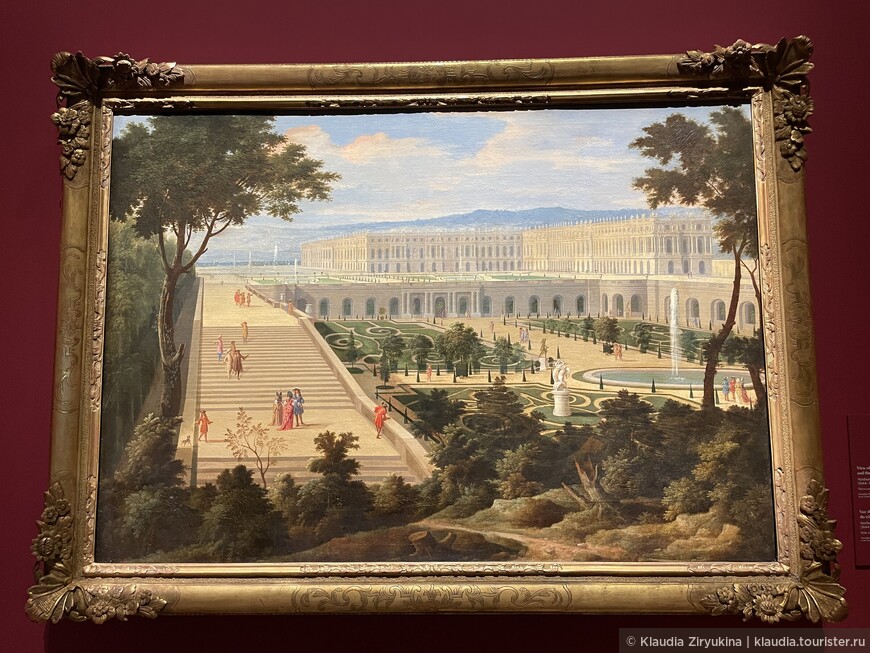 Вид на Версальский Замок и Оранжерею.  Этьен Аллегрен, 1695 году. Масло на холсте. В сопровождении и под руководством члена двора посетители в восточной одежде любуются достопримечательностью с лестницы Ста Ступеней. 