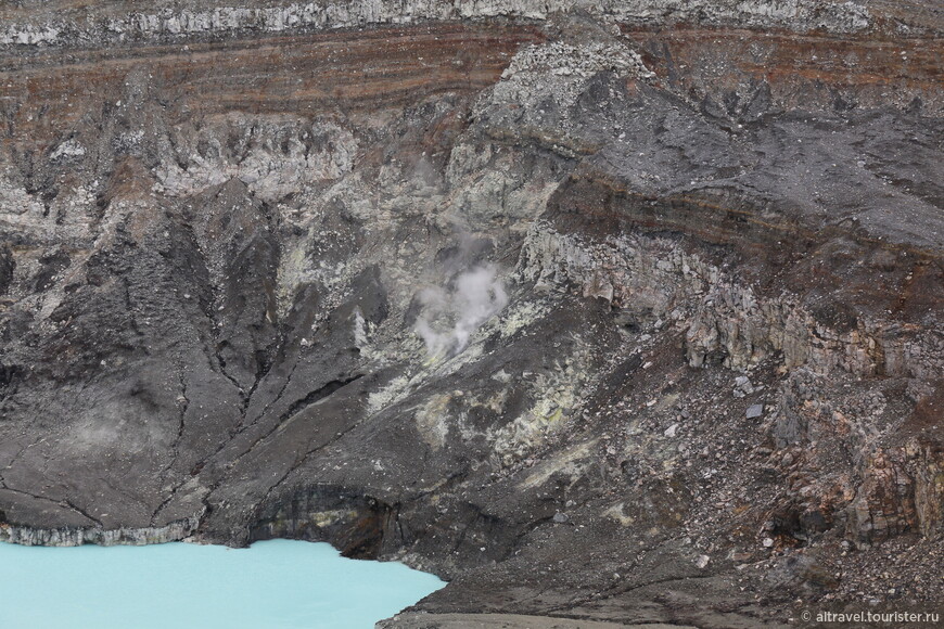 Расщелины-фумаролы на правом склоне кратера Поас.