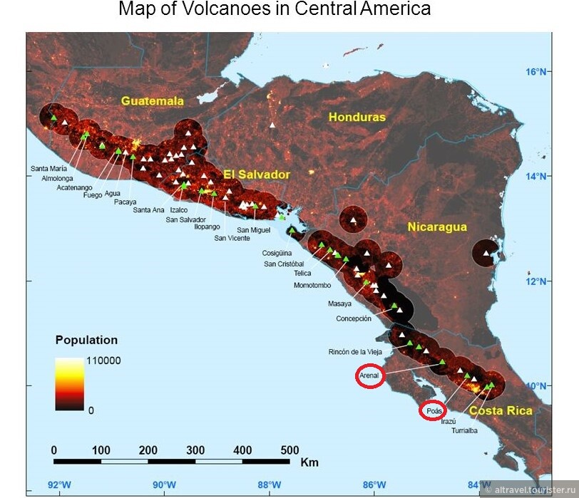 Карта 2. Карта вулканов Центральной Америки. Выделены вулканы Коста-Рики, в районе которых мы побывали.