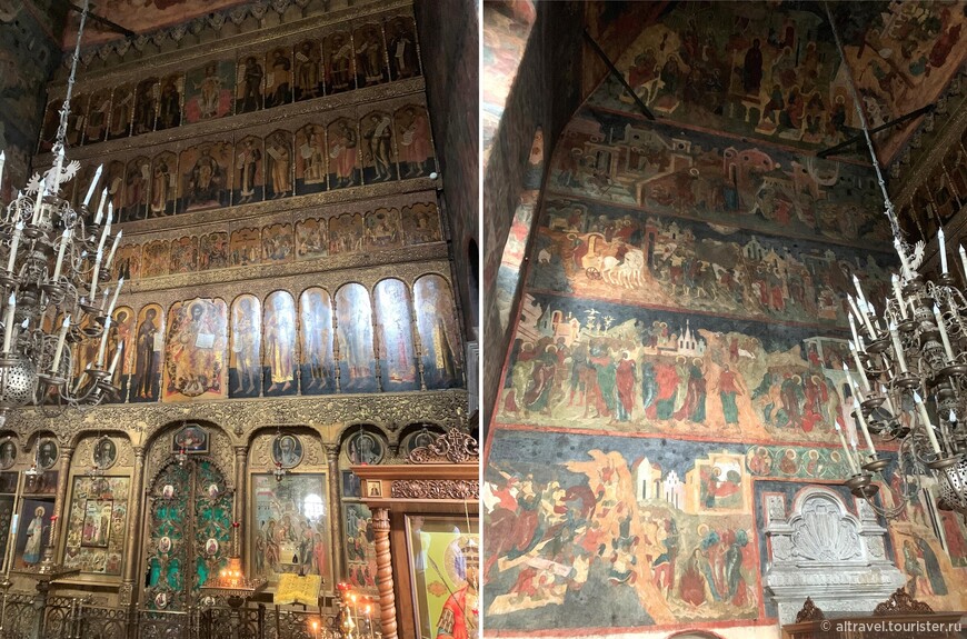 Иконостас и фресковая роспись 17-го века в главном Троицком приделе. Видно паникадило - царский подарок.