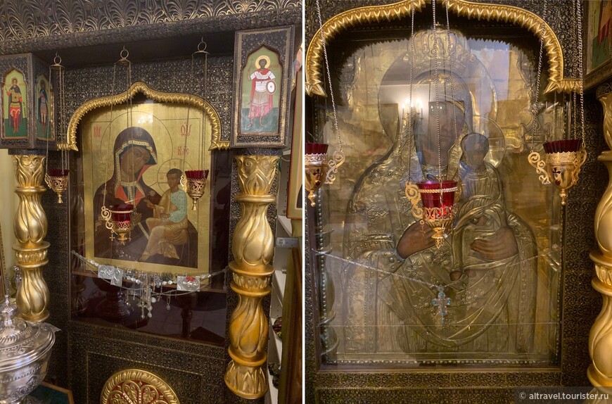 Два списка иконы Божья Матерь Грузинская в подклете церкви.