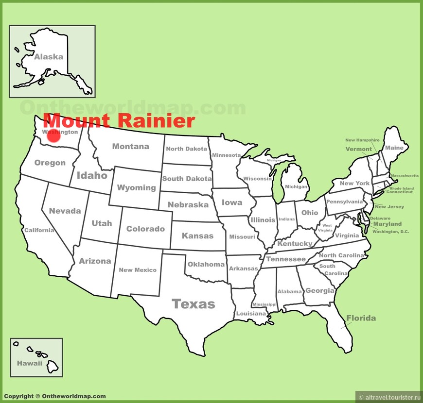 Карта 1. Штат Вашингтон и НП Гора Рейнир на карте США. NB:Не путайте штат Вашингтон и одноименную американскую столицу, находящуюся на восточном побережье США.