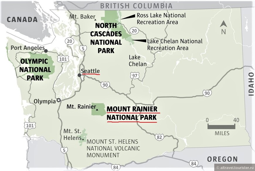 Карта 2.  На территории штата Вашингтон - три национальных парка (их территории закрашены зеленым), среди которых  НП Гора Рейнир, пожалуй, самый запоминающийся.