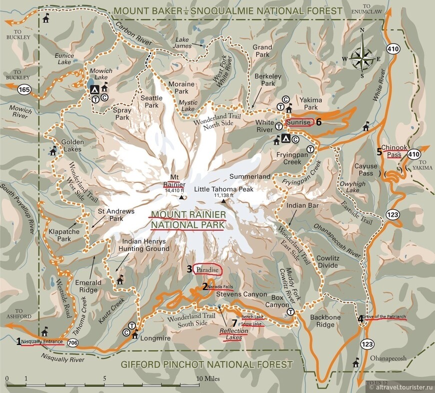 Карта 3. План НП Гора Рейнир. Цифрами обозначены объекты парка, описание которых дано в тексте.