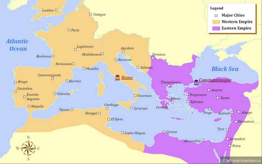 Восточная и Западная Римские империи в начале 5-го века.