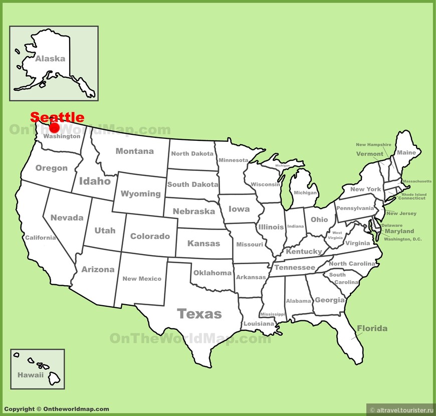 Карта 1. Сиэтл на карте США. Сиэтл (Seattle) — крупнейший город штата Вашингтон и всего северо-запада США. Численность населения города - порядка 700 тыс.человек, а вместе с пригородами - 3,7 млн. человек.