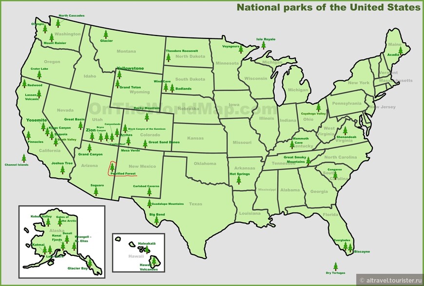 Карта 1. НП Окаменевший лес расположен в штате Аризона.