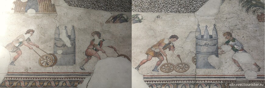На этой мозаике изображены четверо детей, катающих обручи - популярная ещё со времён античности игра. Присутствие на картинке двух поворотных столбов намекает, что перед нами беговые дорожки. Дети играют в ипподромные скачки!