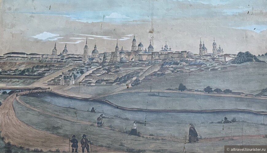 Зарайск и его кремль стоят на высоком берегу реки под названием Осётр, притока Оки. Картина середины 19-го века.