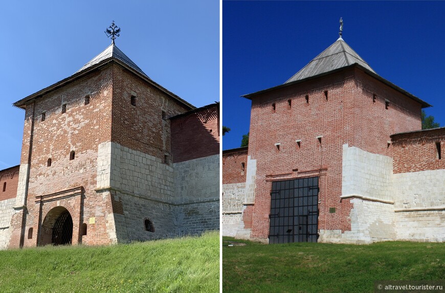 Егорьевская и Спасская проездные башни, названные так по церквям, когда-то рядом с ними находившимися.

