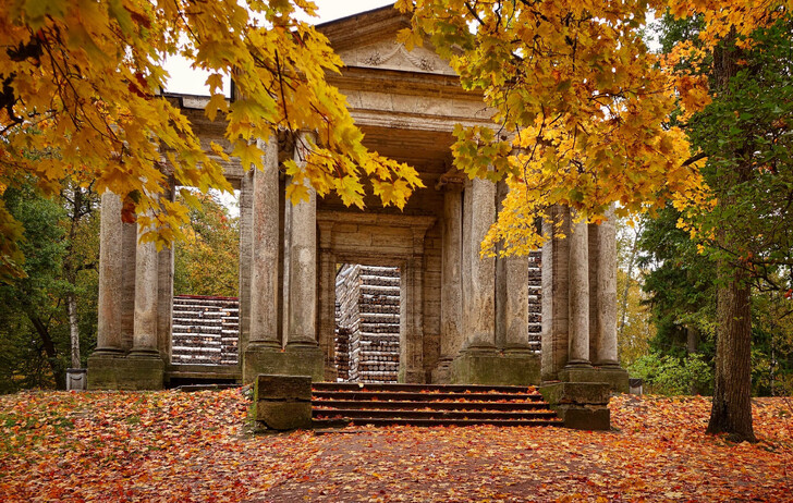 Березовый домик и скрывающий его портал Маска в Дворцовом парке Гатчины