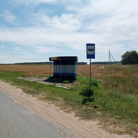 Дорога H2800 между Холопеничами и поворотом на Борки и автобусная остановка «Борки» (остановка для автобусов в направлении Холопенич) (на заднем плане)