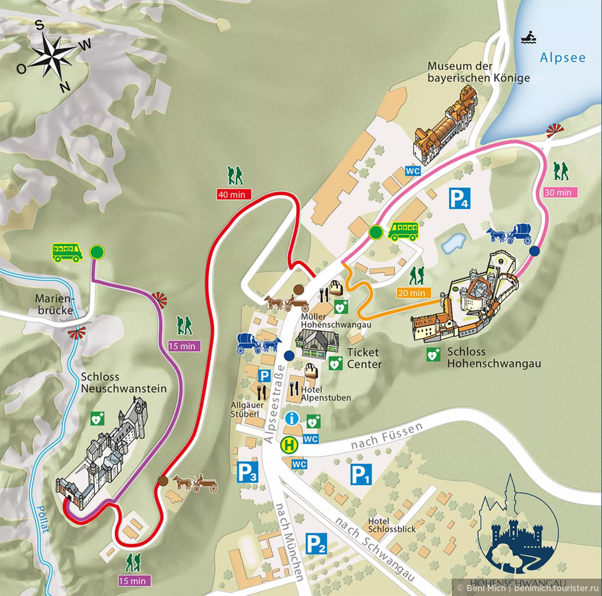 Маршруты до замка: фиолетовый- автобусный, красный -пешеходный(40 мин до Нойшванштайна,20 мин до замка Хоэншвангау ),и такой же красный, но конный