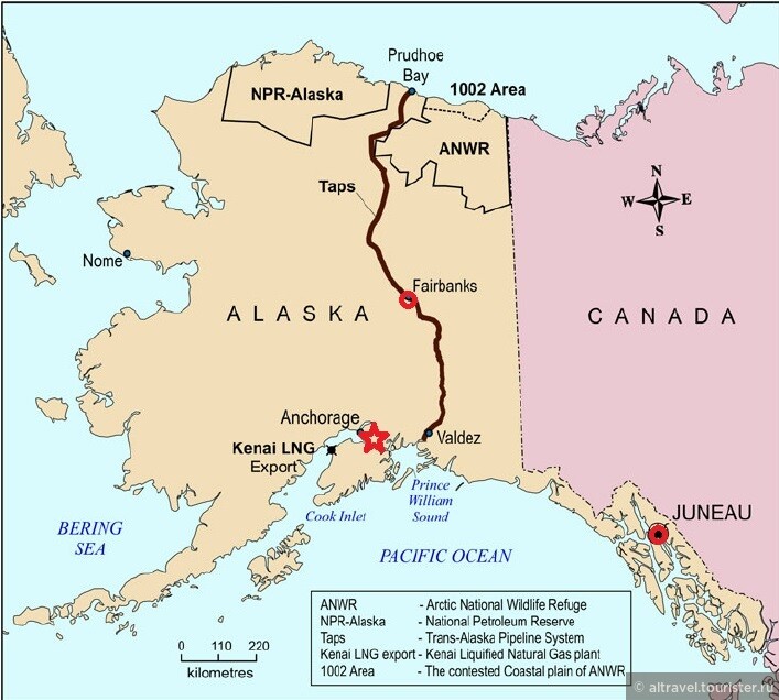 Карта 4. Нефть на Аляске по нефтепроводу качают на юг штата - в город Вальдиз (Valdez).
