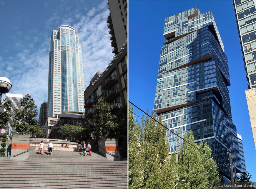 Современная застройка Сиэтла. Слева - 55-этажное офисное здание с безликим названием 1201 Third Avenue (1988 год, 235 м). Снимок 2011 года. Справа - 40-этажное жилое здание Nexus (2020 год, 134 м).

