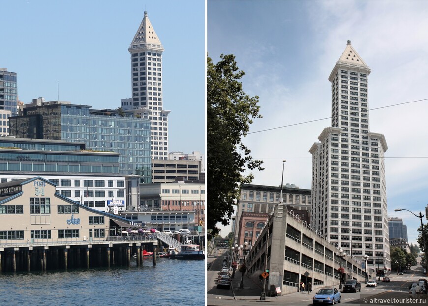 Башня Смита оставалась самым высоким зданием на всем западном побережье Америки почти 50 лет, пока в Сиэтле не построили Космическую Иглу (Space Needle, о ней - ниже). Правый снимок - 2011 года.