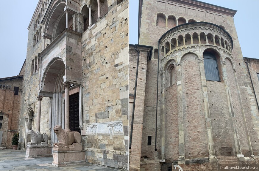 Изящный двухуровневый портик со львами у входа (слева) и декорированная арками алтарная апсида справа.