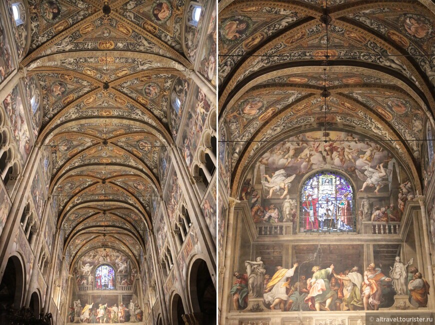  Внутри весь собор густо расписан фресками 16-го века. Росписи сводов потолка больше ассоциируются с античностью, нежели с христианством.