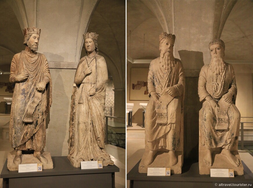 Слева: царь Соломон и царица Савская, справа: пророки Давид и Аввакум. Начало 13-го века. Оригинальные статуи из наружных ниш баптистерия со следами первоначальной раскраски.