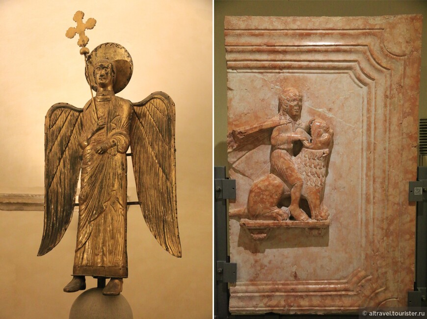 Слева: бронзовый флюгер с верхушки колокольни Дуомо, изображающий архангела Гавриила. Конец 13-го века.
Справа: Самсон, раздирающий пасть льву. Красный веронский мрамор, 12-й век. В период Ренессанса панель использовалась для мощения пола Дуомо.
