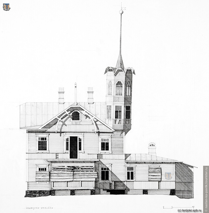 Архитектурный обмерный чертеж (фрагмент) Южный фасад (выходящий к морю). Автор чертежа Jenni Hölttä, 2000 год