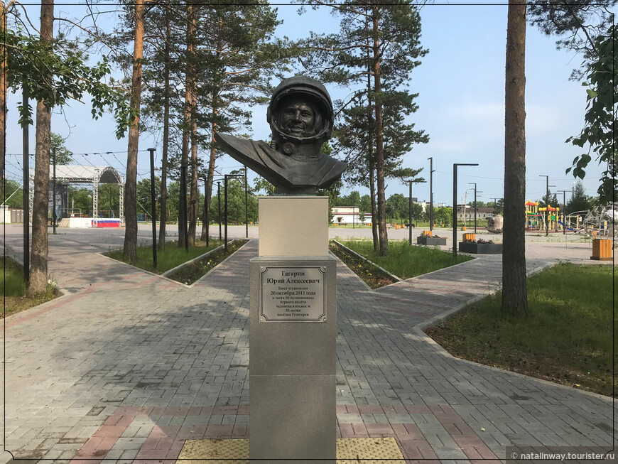 Бронзовый бюст Юрия Гагарина у входа в парк им. Гагарина г. Циолковский