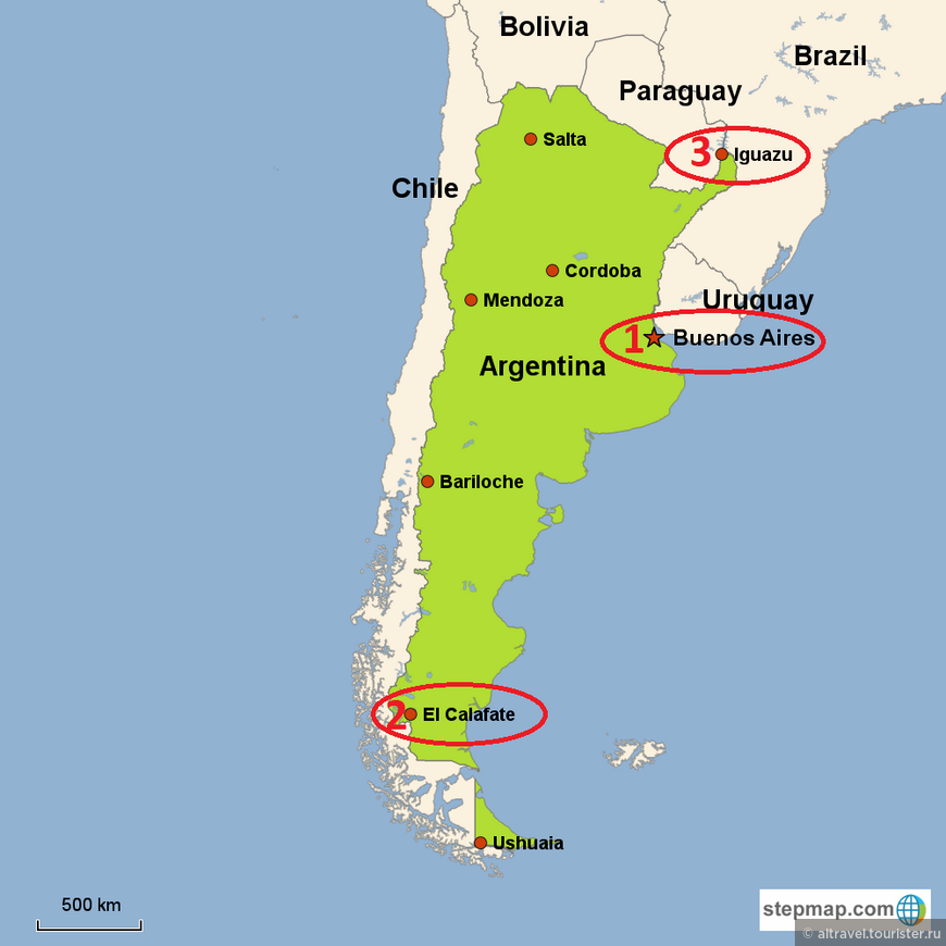 Карта наших перемещений в Аргентине: 1 - В Буэнос-Айресе начинался и заканчивался маршрут; 2 - Патагония с базовой точкой в Эль-Калафате (с визитами оттуда в Эль-Чалтен, в Национальный парк Ледников с его звездным Перито Морено, а также в чилийский парк Лас-Торрес-дель-Пайне); 3 - Водопады Игуасу.