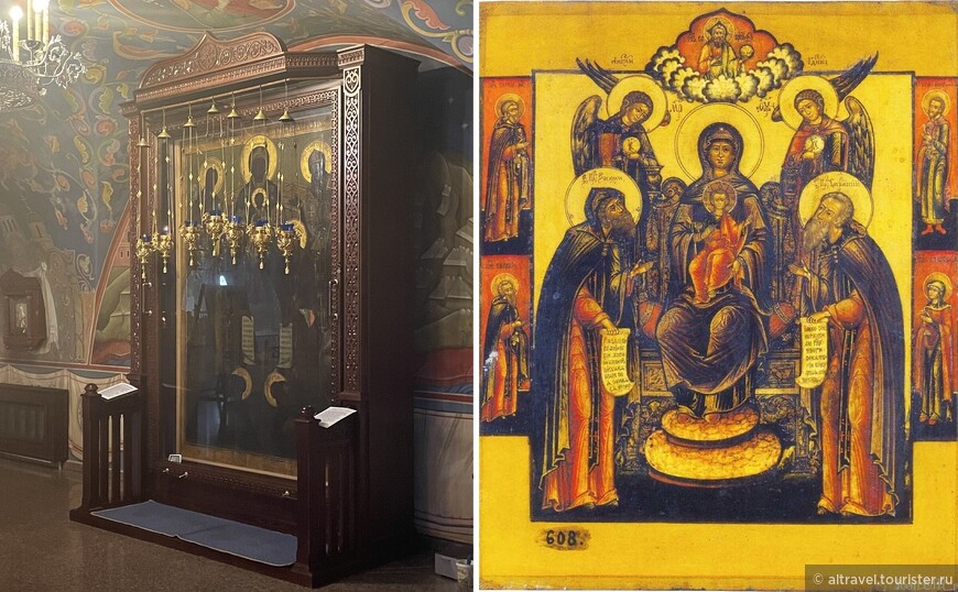Список иконы Божией Матери «Печерская с предстоящими Антонием и Феодосием». Слева - фото из монастыря, справа - один из вариантов этого образа.
