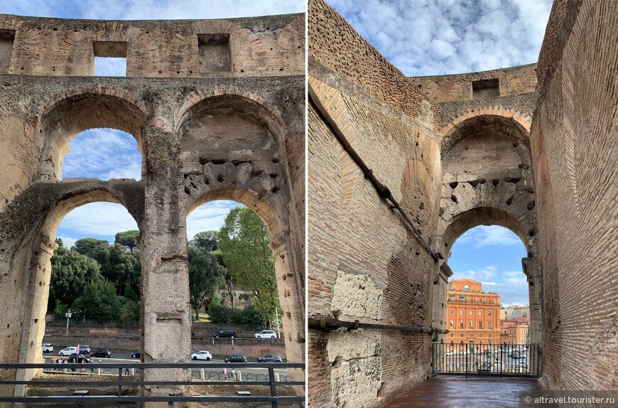 Сквозь арки Колизея виден Рим.