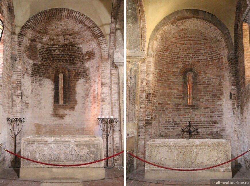 В двух боковых алтарях - франкские саркофаги 9-го века, в которых, предположительно, находились мощи Св.Витале (слева) и Св.Агриколы (справа). Сейчас они пусты, поскольку мощи святых перенесли в крипту церкви Святого Распятия.

