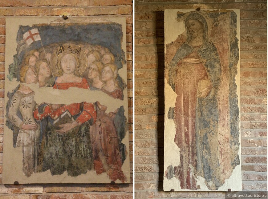 Фрески 14-го века: Св. Урсула со своими компаньонками (слева) и беременная Богородица (справа). В Средние века к фреске с Богородицей приходили помолиться ожидающие детей болонские женщины.