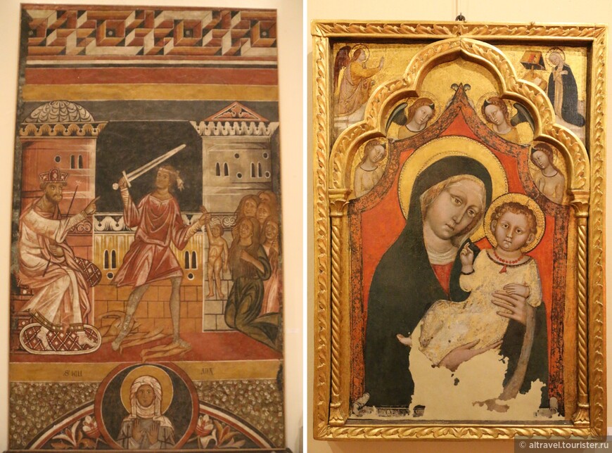 Слева: Маэстро из баптистерия Пармы. «Избиение младенцев». 13-й век.
Справа: Мадонна с младенцем, 14-й век.