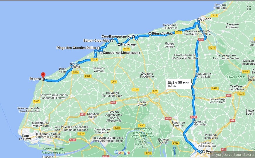 Карта маршрута Руан - Дьепп - курорты Ла-Манша - Этрета (156 км)