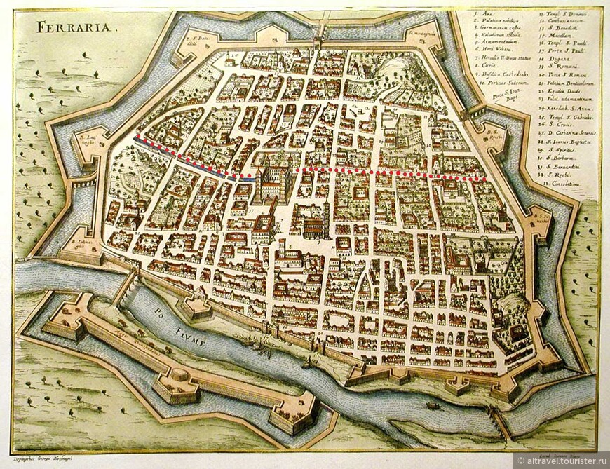 Феррара в 1600 году. Красными точками обозначена граница между средневековым (снизу) и ренессансным (сверху) городом.