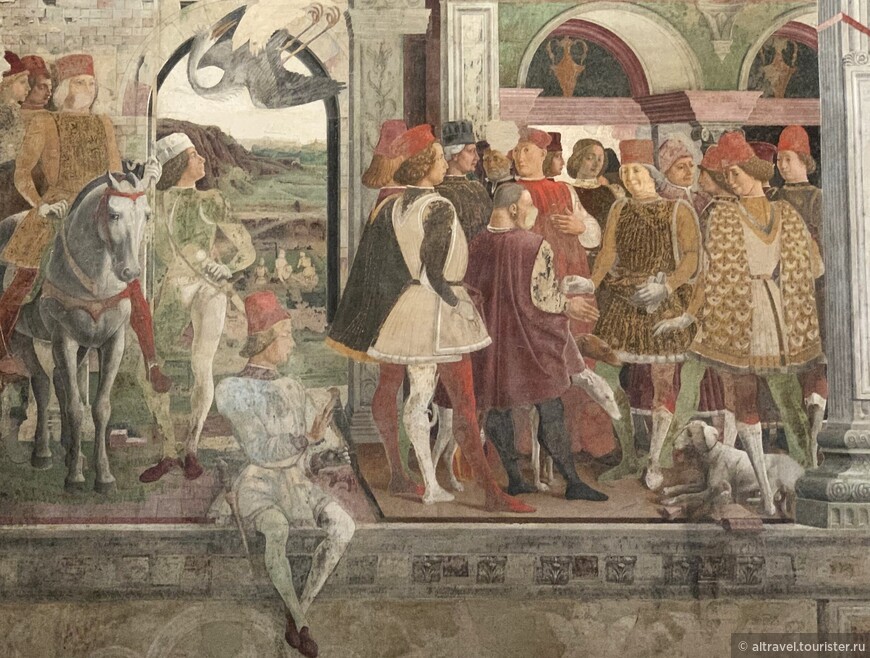 Борсо д’Эсте (лицом к зрителю и в белых перчатках) в окружении придворных. Фрагмент фрески «Апрель» кисти Франческо-дель-Косса.