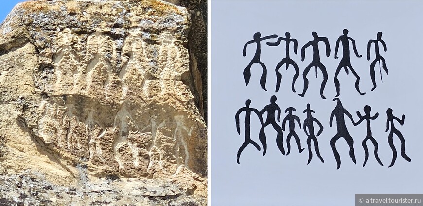 На фото - два ряда 12-ти человекообразных фигур, некоторые из которых держатся за руки. Эта сцена, напоминающая современный танец «Яллы», - один из главных символов Гобустана.