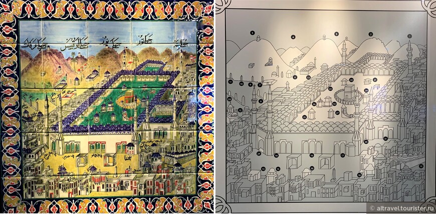 Реплика изразцовой панели с изображением Мекки. Оригинал был изготовлен в Текфуре для Hekimoglu Ali Pasha Mosque (Стамбул) мастером из Изника в 18-м веке. Справа - рисунок, по которому делали изразец.
