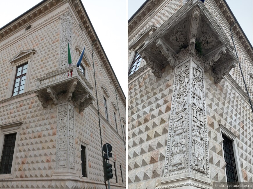 Палаццо Диаманти - детали отделки. Особо роскошно отделан угловой балкон и пилястры под и над ним.

