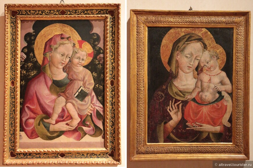 Джованни-да-Модена (1379-1454). Слева - Мадонна с Младенцем и книгой (1420-1425), справа - Мадонна с Младенцем (1440-1450). Этот художник больше всего известен фресками в Капелле волхвов болонского Сан-Петронио, где он изобразил потрясающий и устрашающий ад (см. наш первый рассказ про Болонью).
